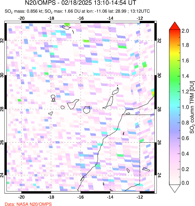 A sulfur dioxide image over Canary Islands on Feb 18, 2025.