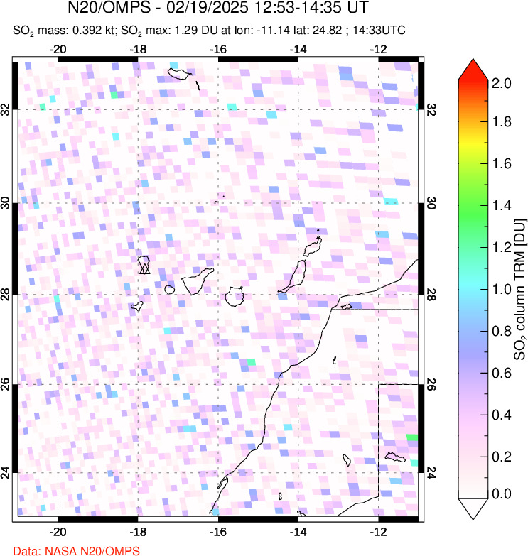 A sulfur dioxide image over Canary Islands on Feb 19, 2025.