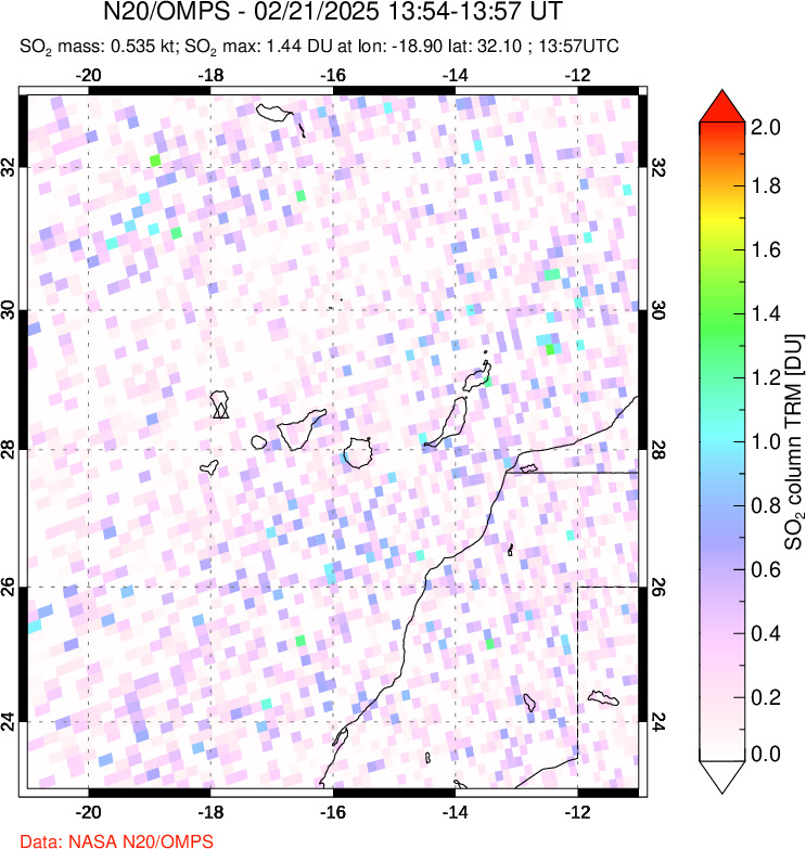 A sulfur dioxide image over Canary Islands on Feb 21, 2025.