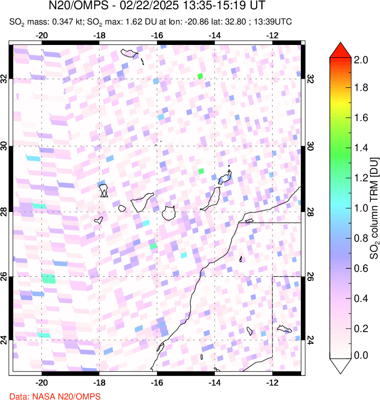 A sulfur dioxide image over Canary Islands on Feb 22, 2025.