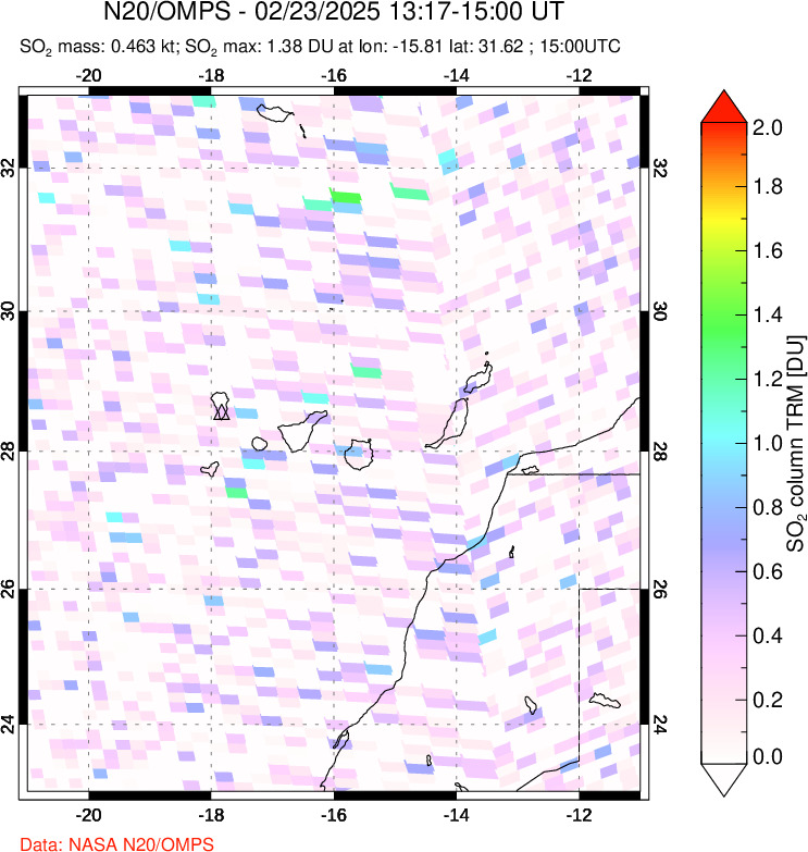 A sulfur dioxide image over Canary Islands on Feb 23, 2025.