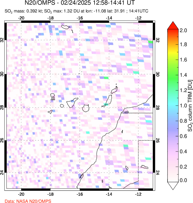 A sulfur dioxide image over Canary Islands on Feb 24, 2025.