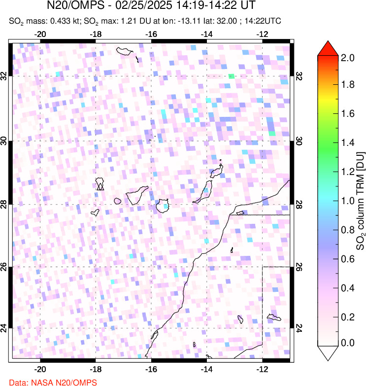 A sulfur dioxide image over Canary Islands on Feb 25, 2025.