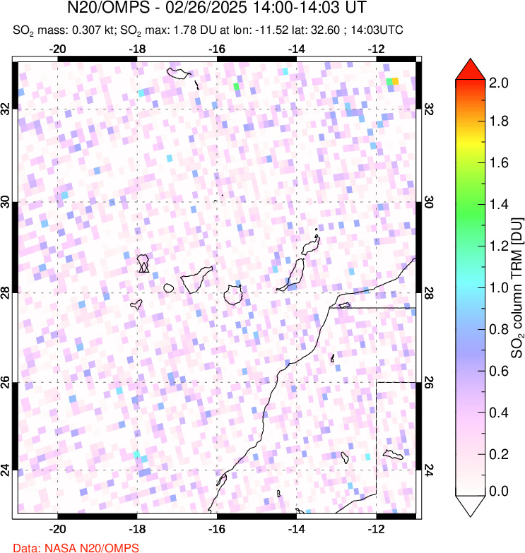 A sulfur dioxide image over Canary Islands on Feb 26, 2025.