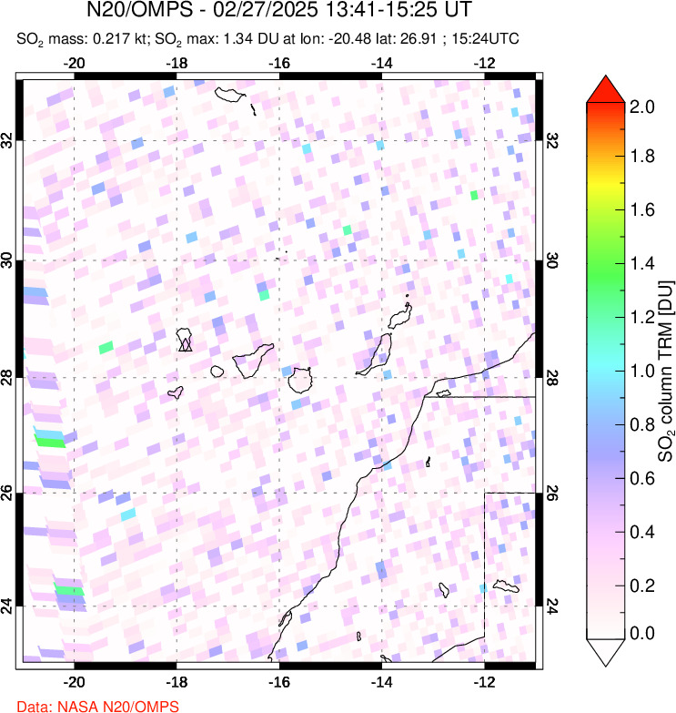 A sulfur dioxide image over Canary Islands on Feb 27, 2025.