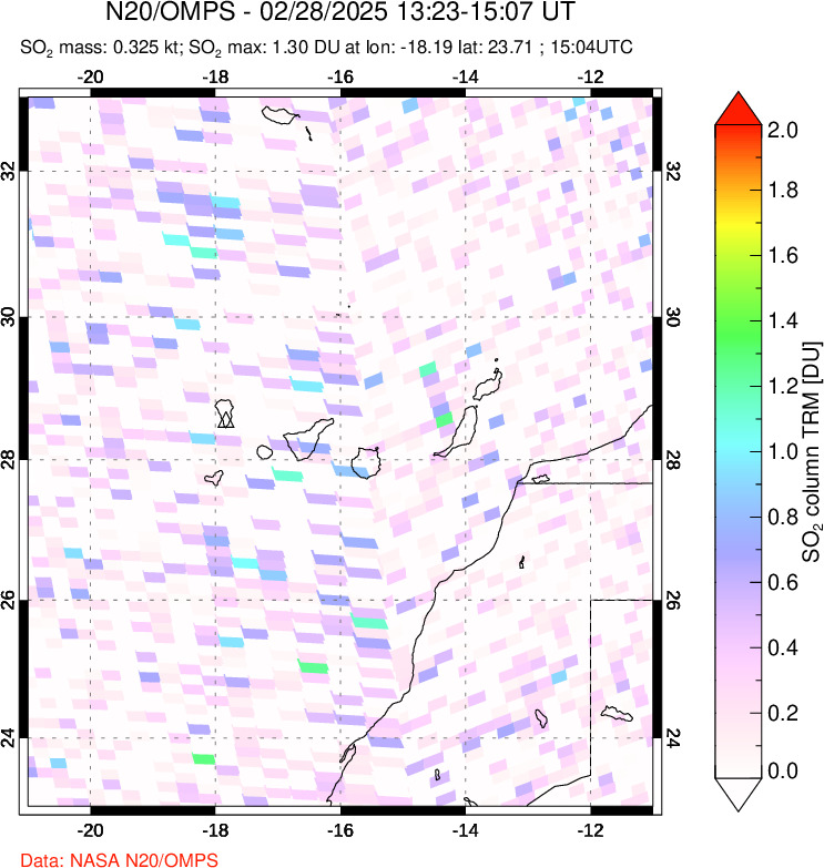 A sulfur dioxide image over Canary Islands on Feb 28, 2025.