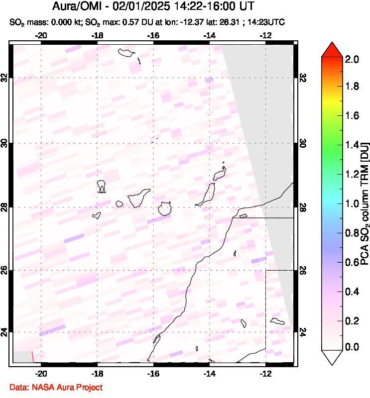 A sulfur dioxide image over Canary Islands on Feb 01, 2025.