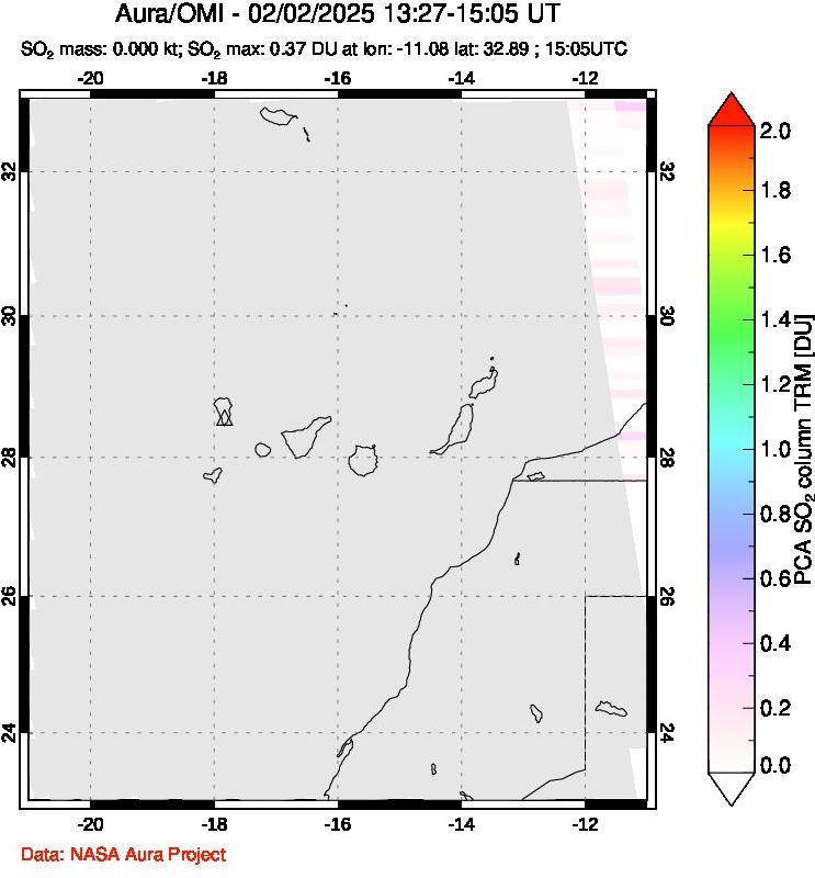 A sulfur dioxide image over Canary Islands on Feb 02, 2025.