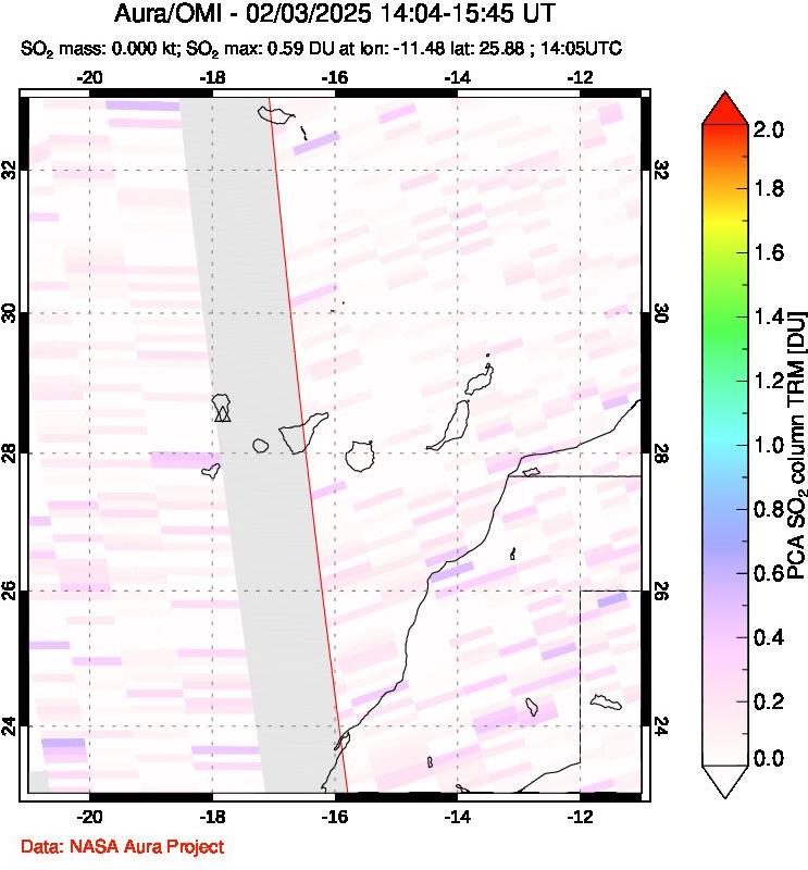 A sulfur dioxide image over Canary Islands on Feb 03, 2025.