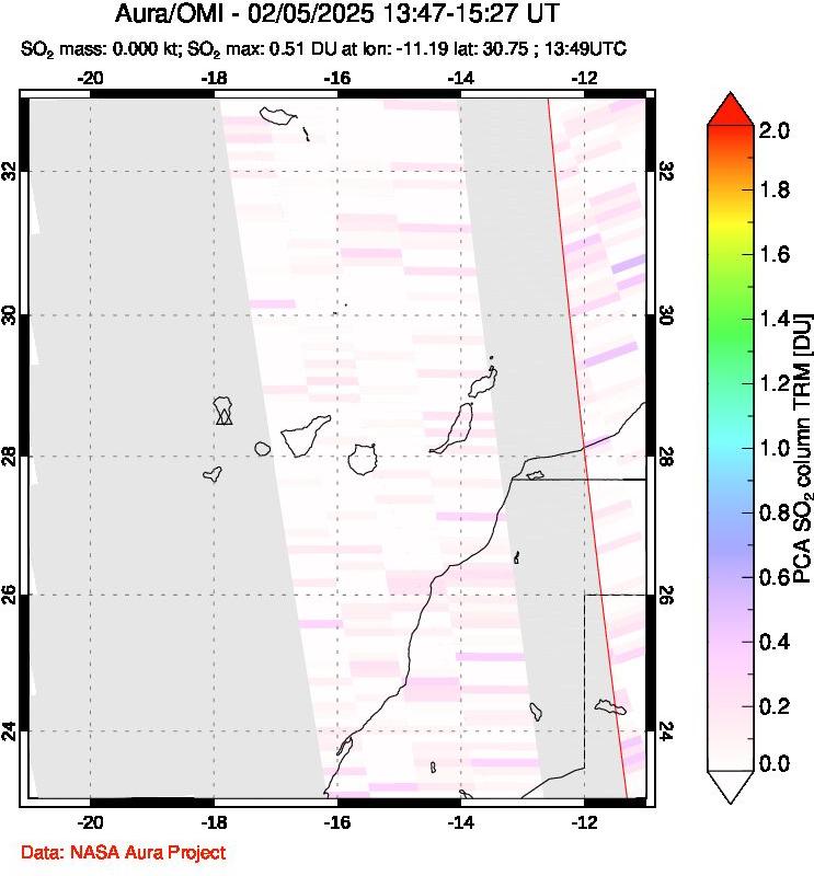 A sulfur dioxide image over Canary Islands on Feb 05, 2025.