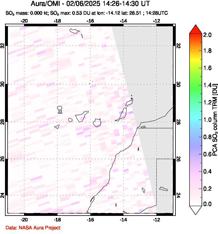 A sulfur dioxide image over Canary Islands on Feb 06, 2025.