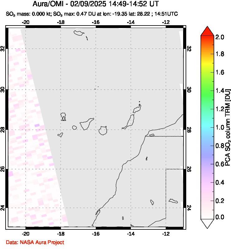 A sulfur dioxide image over Canary Islands on Feb 09, 2025.