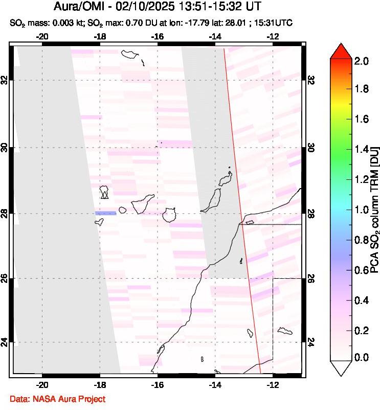 A sulfur dioxide image over Canary Islands on Feb 10, 2025.