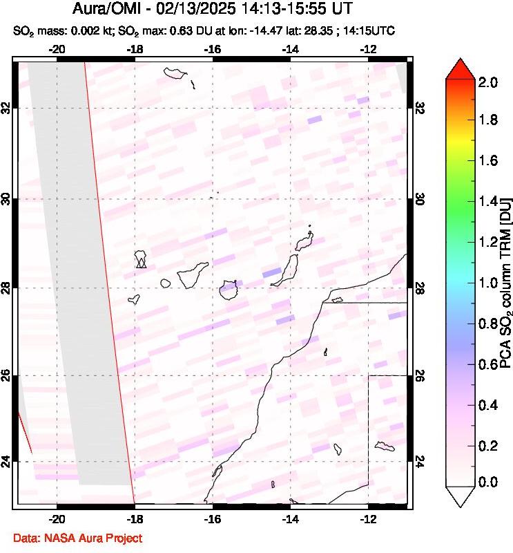 A sulfur dioxide image over Canary Islands on Feb 13, 2025.