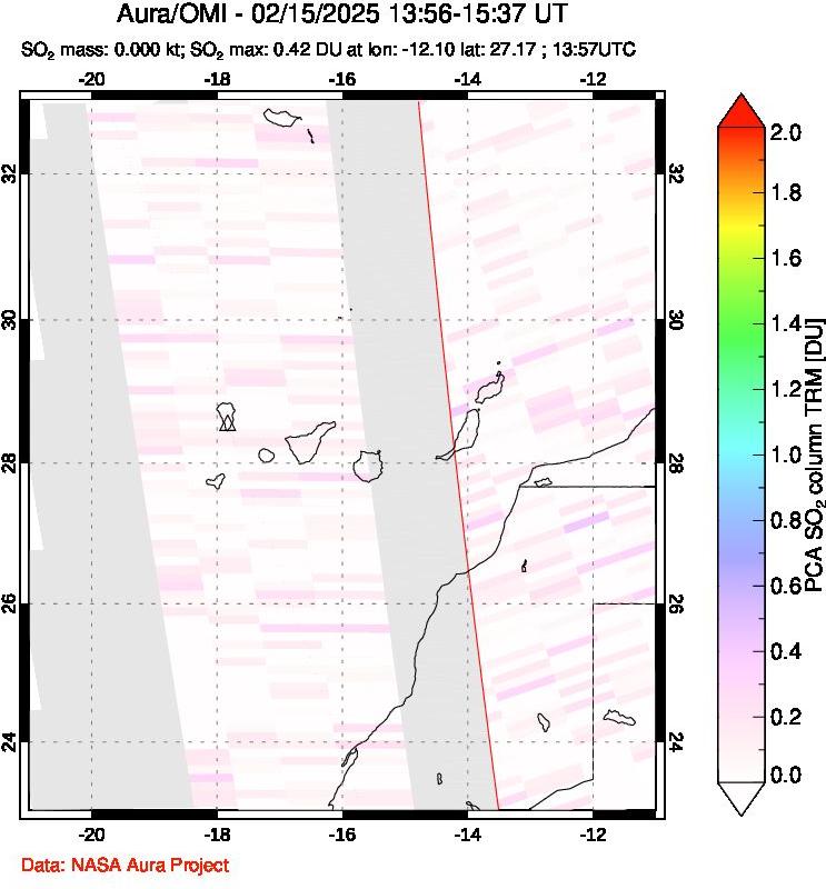 A sulfur dioxide image over Canary Islands on Feb 15, 2025.