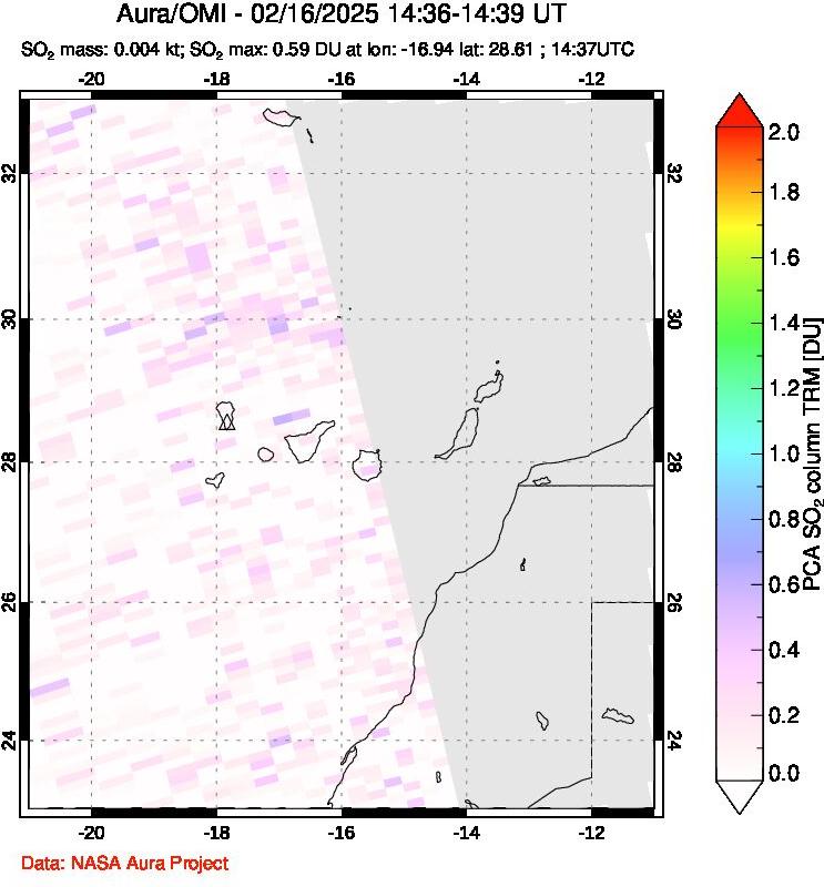 A sulfur dioxide image over Canary Islands on Feb 16, 2025.