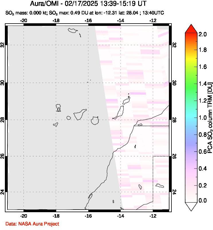 A sulfur dioxide image over Canary Islands on Feb 17, 2025.