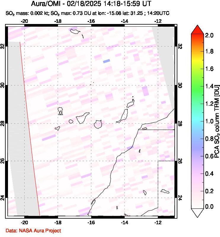 A sulfur dioxide image over Canary Islands on Feb 18, 2025.