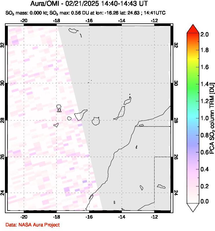 A sulfur dioxide image over Canary Islands on Feb 21, 2025.