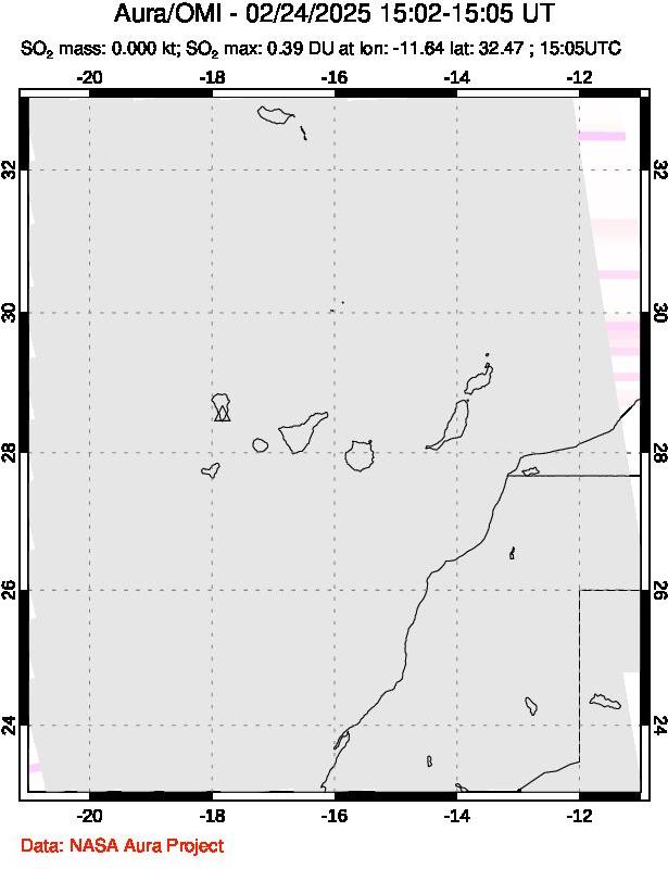 A sulfur dioxide image over Canary Islands on Feb 24, 2025.