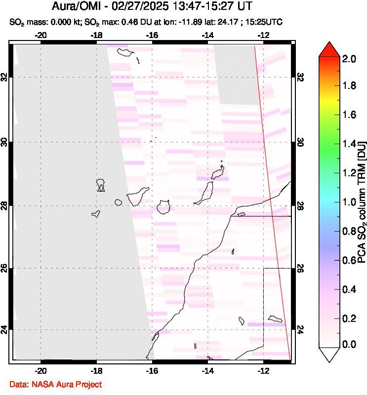 A sulfur dioxide image over Canary Islands on Feb 27, 2025.