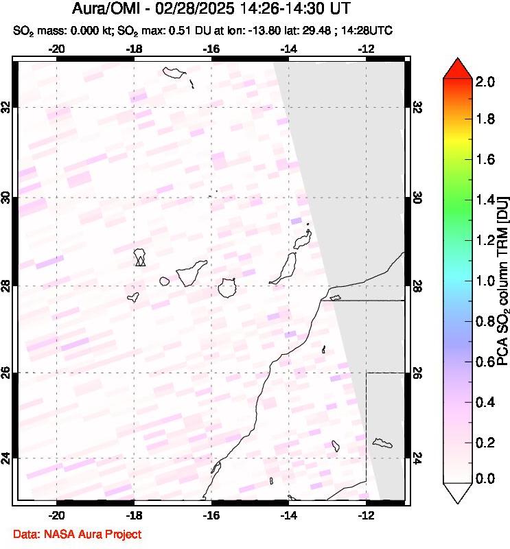 A sulfur dioxide image over Canary Islands on Feb 28, 2025.