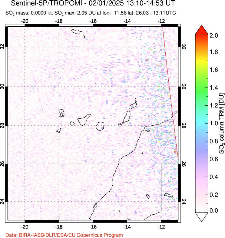 A sulfur dioxide image over Canary Islands on Feb 01, 2025.