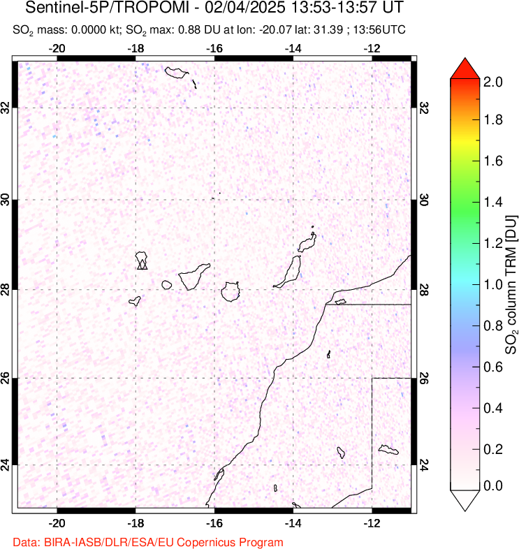 A sulfur dioxide image over Canary Islands on Feb 04, 2025.