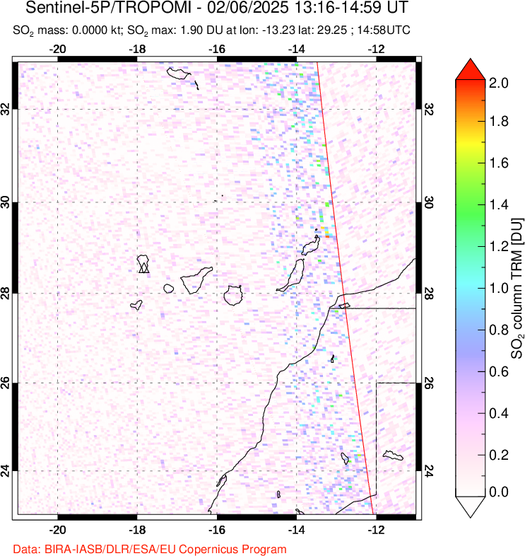 A sulfur dioxide image over Canary Islands on Feb 06, 2025.