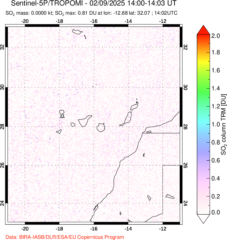 A sulfur dioxide image over Canary Islands on Feb 09, 2025.