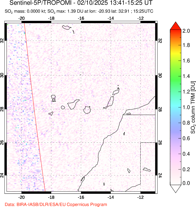 A sulfur dioxide image over Canary Islands on Feb 10, 2025.