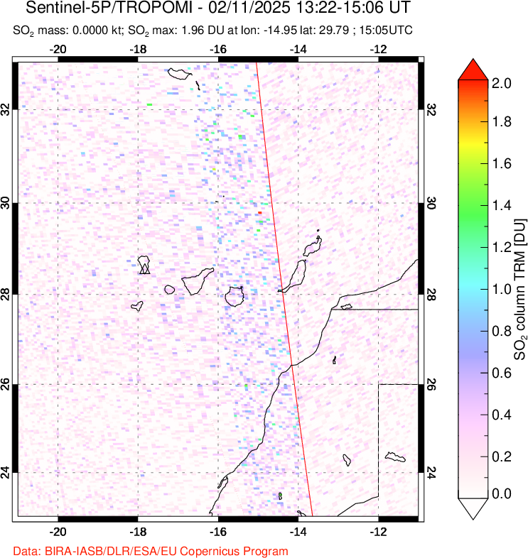 A sulfur dioxide image over Canary Islands on Feb 11, 2025.