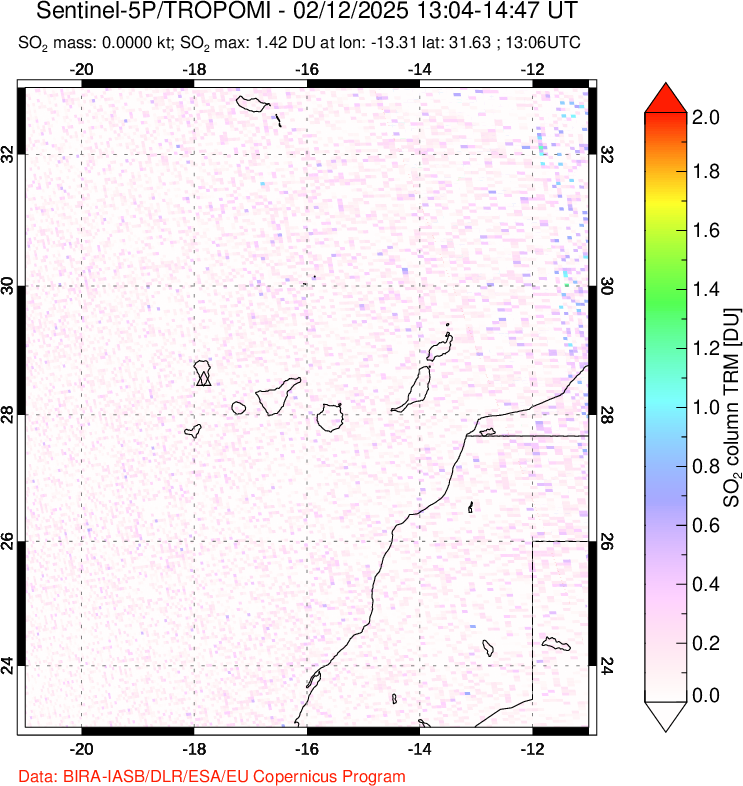 A sulfur dioxide image over Canary Islands on Feb 12, 2025.