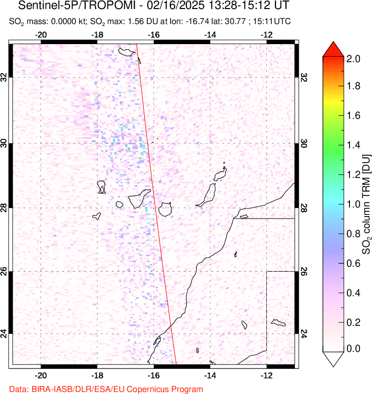 A sulfur dioxide image over Canary Islands on Feb 16, 2025.