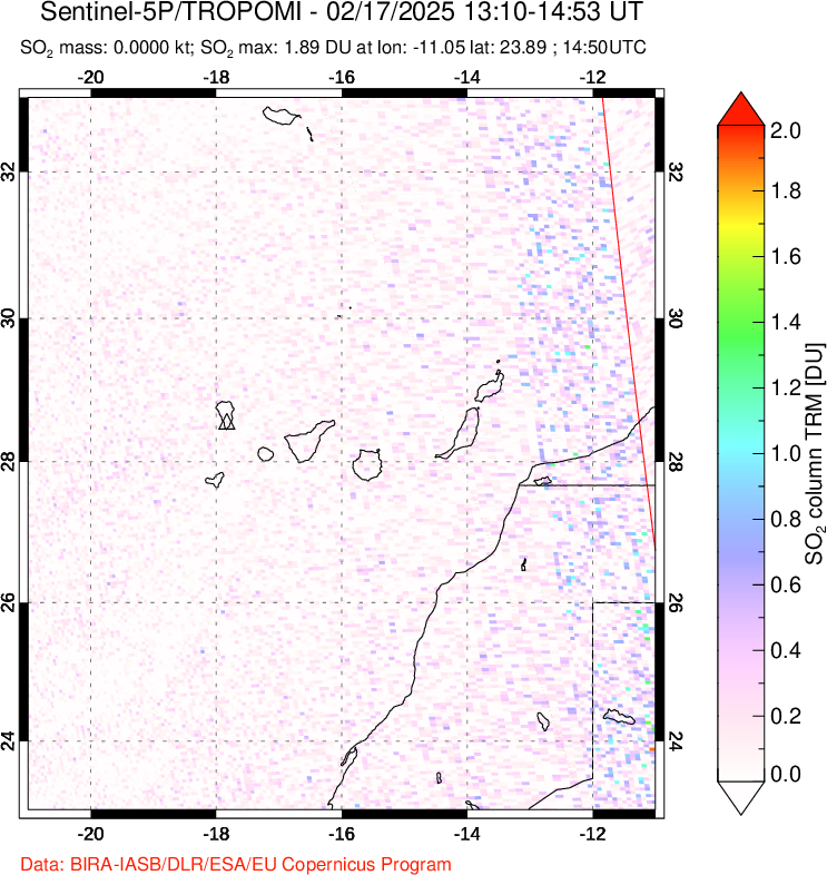 A sulfur dioxide image over Canary Islands on Feb 17, 2025.