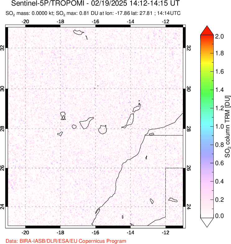 A sulfur dioxide image over Canary Islands on Feb 19, 2025.