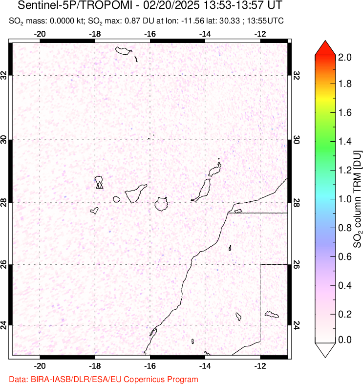 A sulfur dioxide image over Canary Islands on Feb 20, 2025.