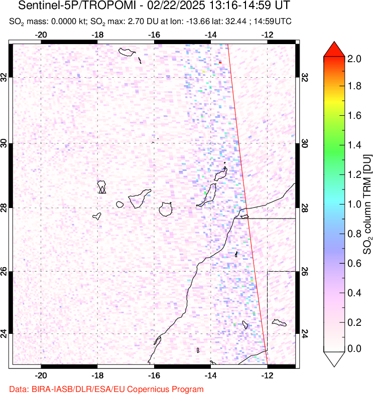 A sulfur dioxide image over Canary Islands on Feb 22, 2025.