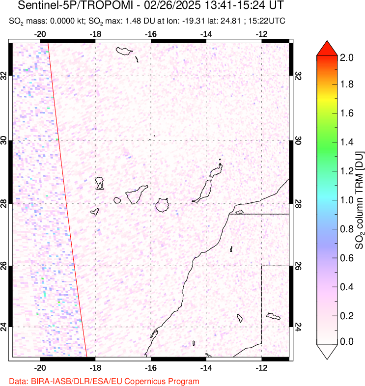 A sulfur dioxide image over Canary Islands on Feb 26, 2025.