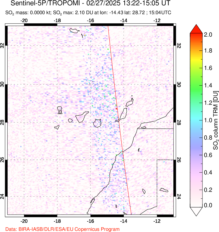 A sulfur dioxide image over Canary Islands on Feb 27, 2025.