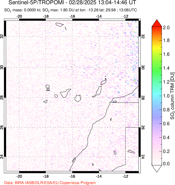 A sulfur dioxide image over Canary Islands on Feb 28, 2025.