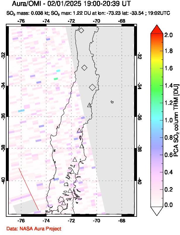 A sulfur dioxide image over Central Chile on Feb 01, 2025.