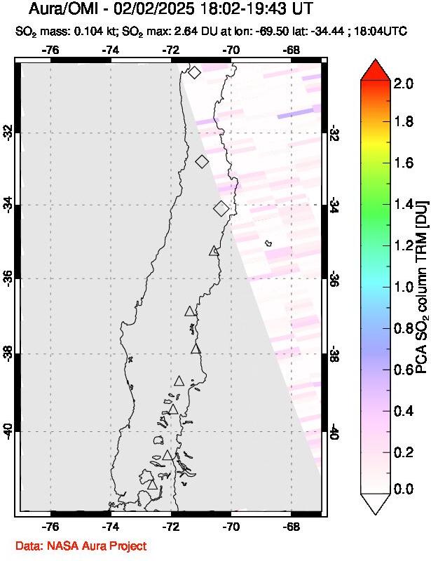 A sulfur dioxide image over Central Chile on Feb 02, 2025.