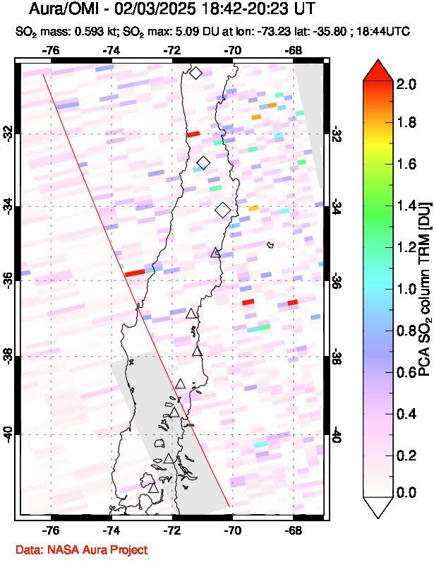 A sulfur dioxide image over Central Chile on Feb 03, 2025.