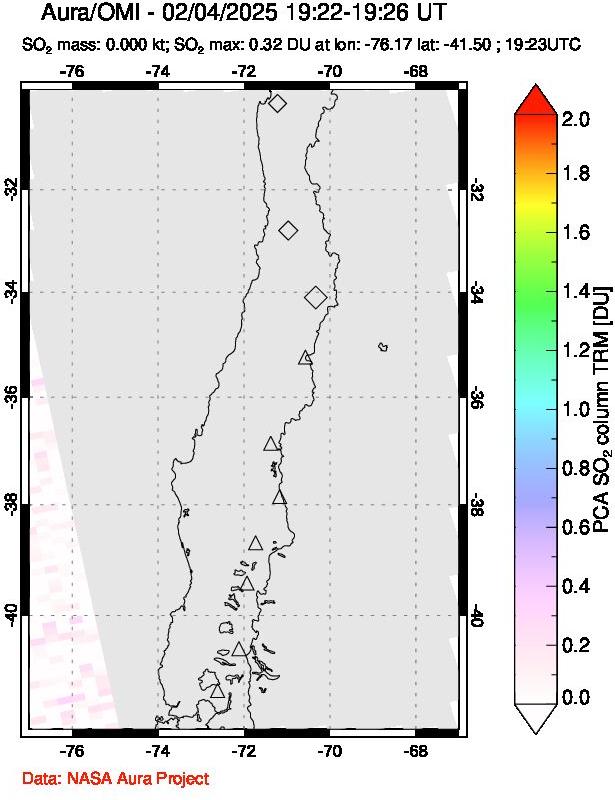 A sulfur dioxide image over Central Chile on Feb 04, 2025.