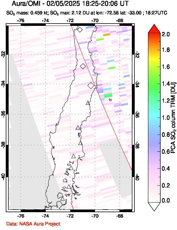 A sulfur dioxide image over Central Chile on Feb 05, 2025.