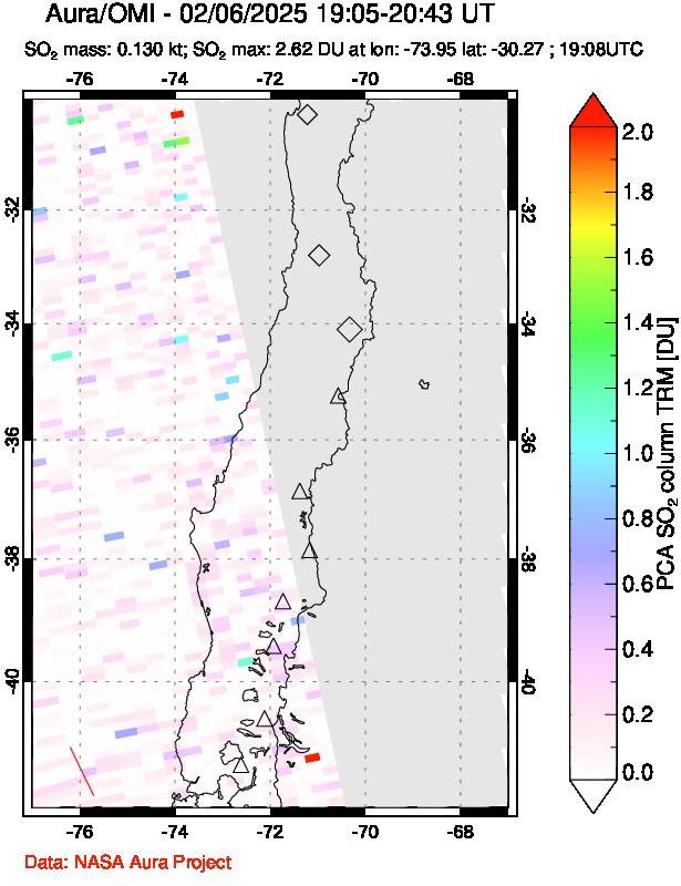 A sulfur dioxide image over Central Chile on Feb 06, 2025.