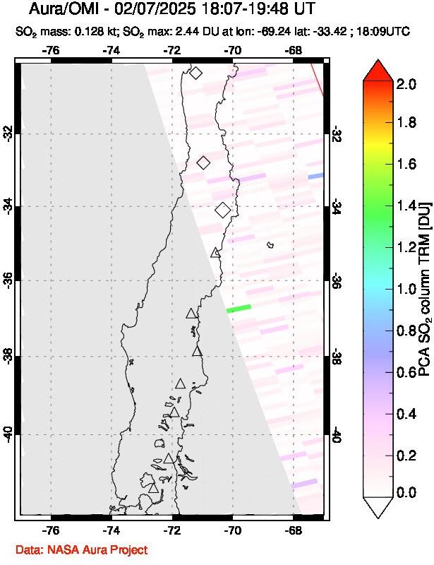 A sulfur dioxide image over Central Chile on Feb 07, 2025.