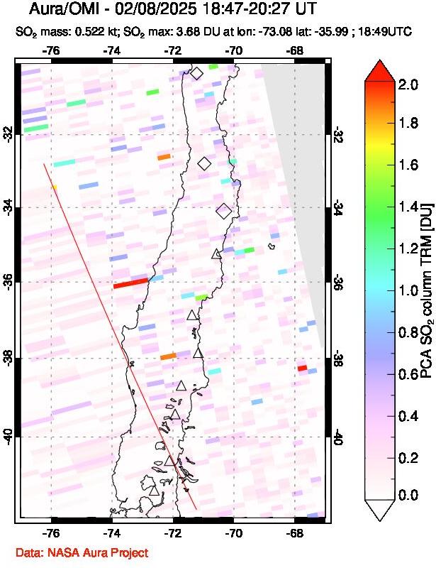 A sulfur dioxide image over Central Chile on Feb 08, 2025.