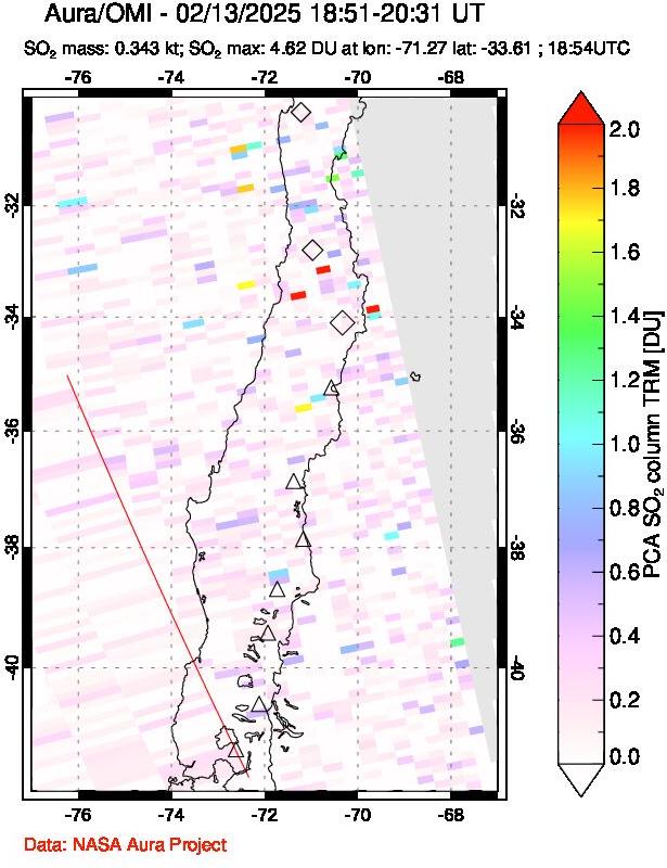 A sulfur dioxide image over Central Chile on Feb 13, 2025.